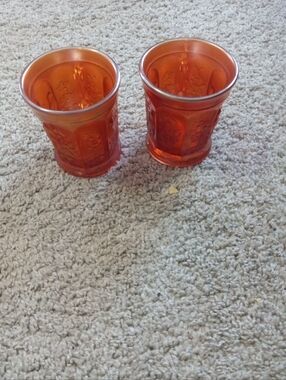 GORGEOUS Pair of Northwood Marigold Singing Birds Carnival Glass Handle Tumblers